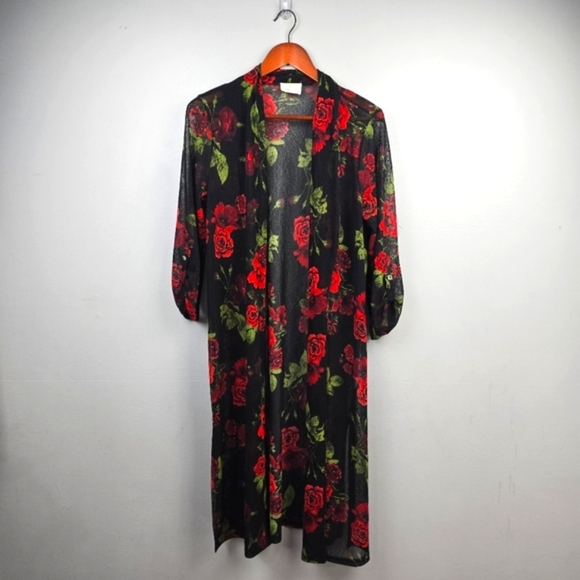 EMBER Mid Length Sheer Duster Kimono 3/4 Sleeves Floral Red Black Womens Size M - Picture 1 of 14